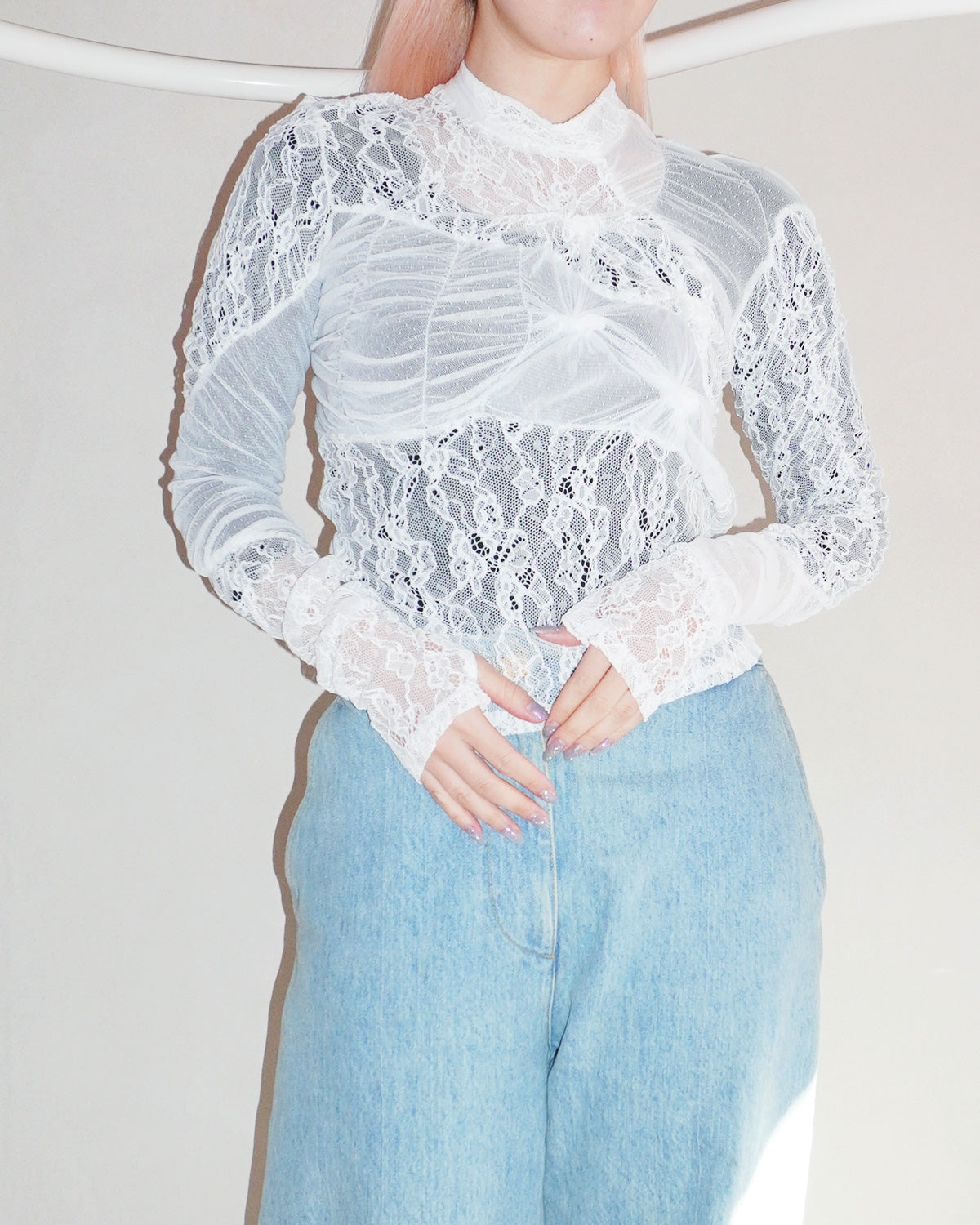 Stand neck shirring pullover