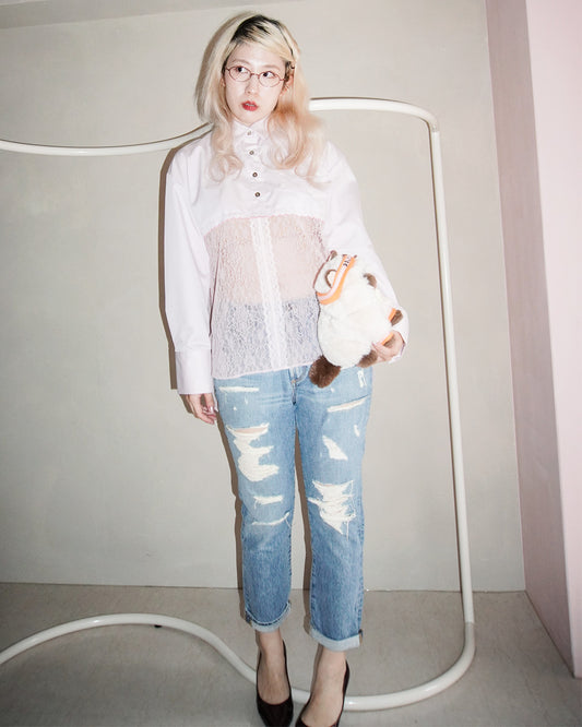 Lace-Paneled Striped Shirt
