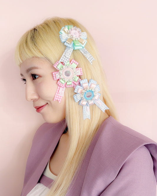 Flower Ribbon Hairclip 【pink check】