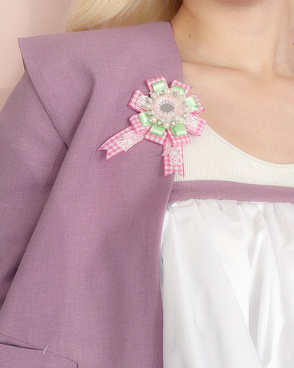 Flower Ribbon Brooch 【gray check】