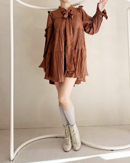 Ribbon tie crinkled mini dress brown