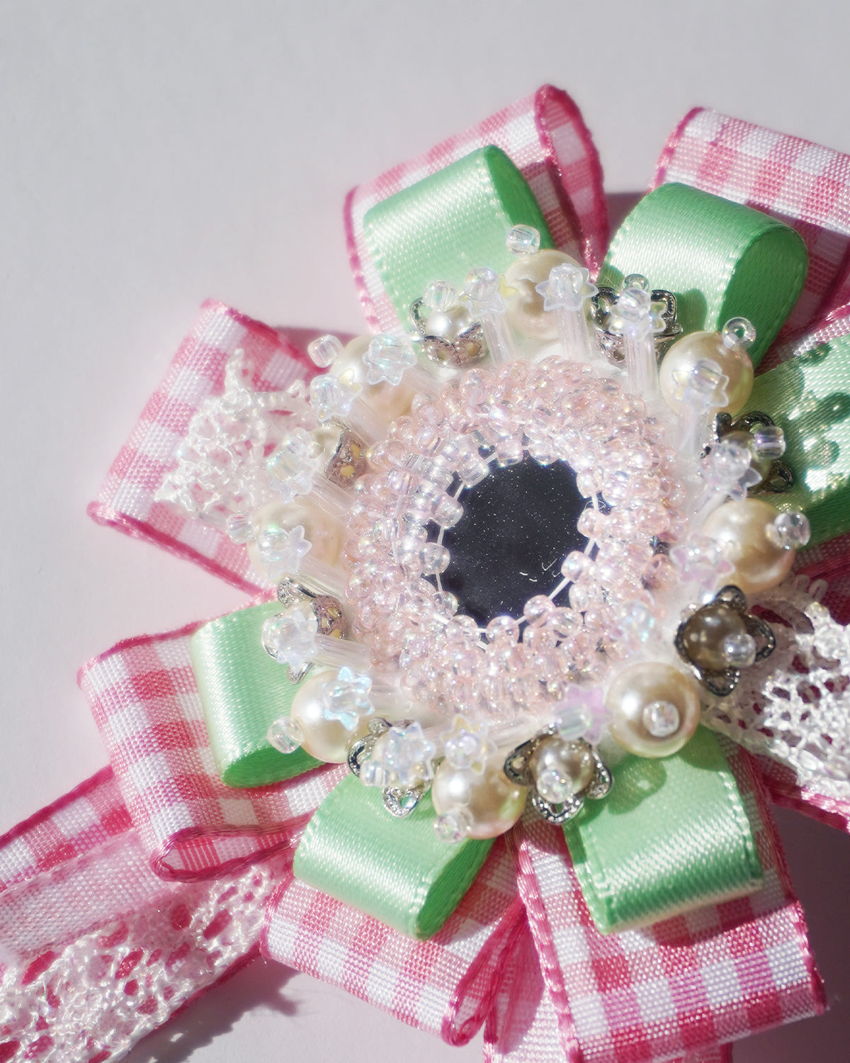 Flower Ribbon Hairclip 【pink check】