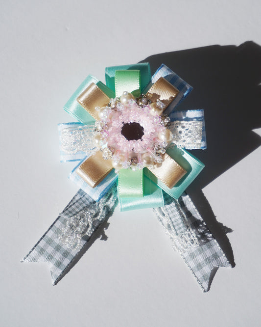 Flower Ribbon Hairclip 【blue green】