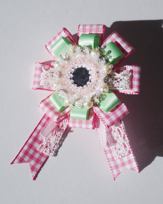Flower Ribbon Hairclip 【pink check】