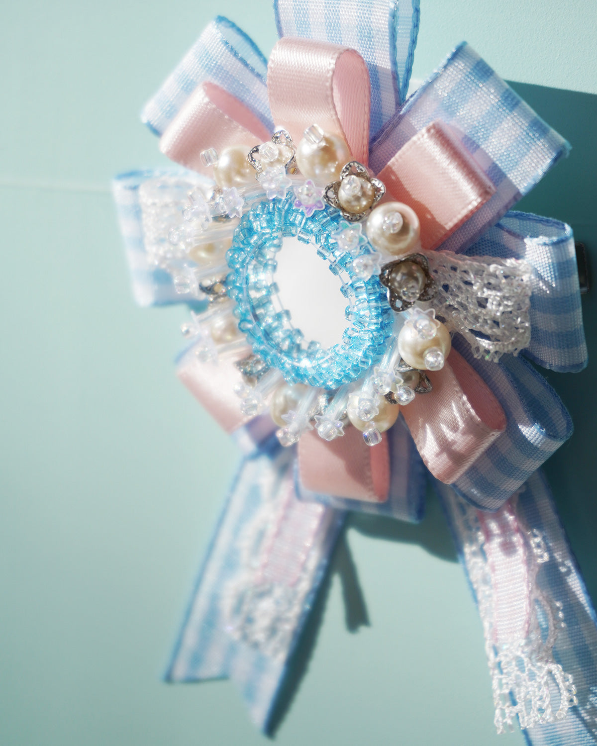 Flower Ribbon Hairclip 【blue check】