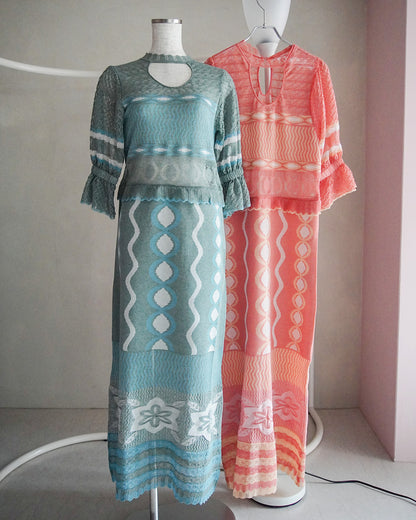 Sazanka wave-pattern lamé knitted dress