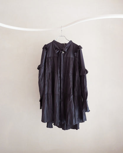 Ribbon tie crinkled mini dress charcoal gray