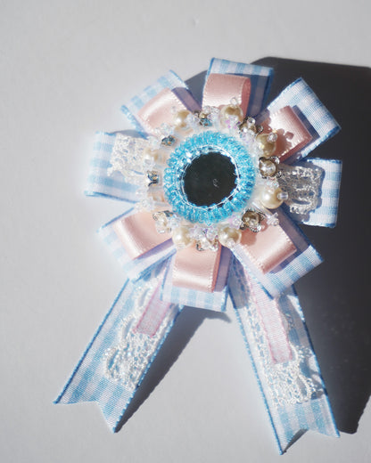 Flower Ribbon Hairclip 【blue check】