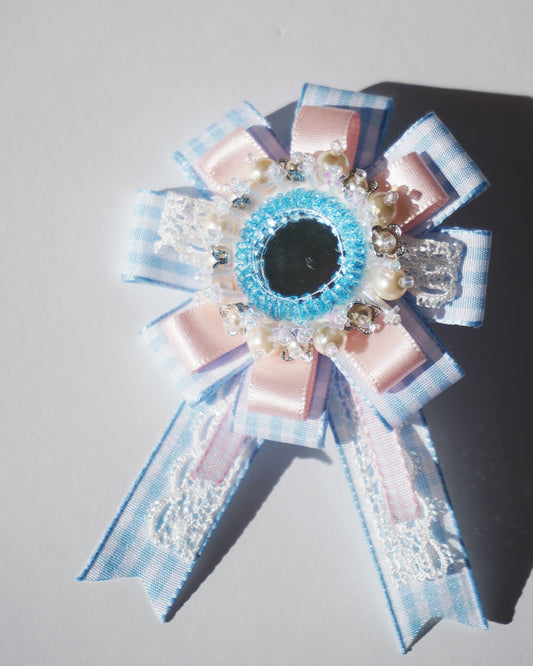 Flower Ribbon Hairclip 【blue check】
